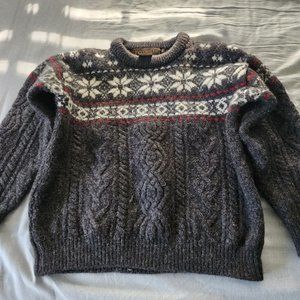 Inis Craft Cable Knit Wool Crewneck Sweater Snowflake Grey Red White M